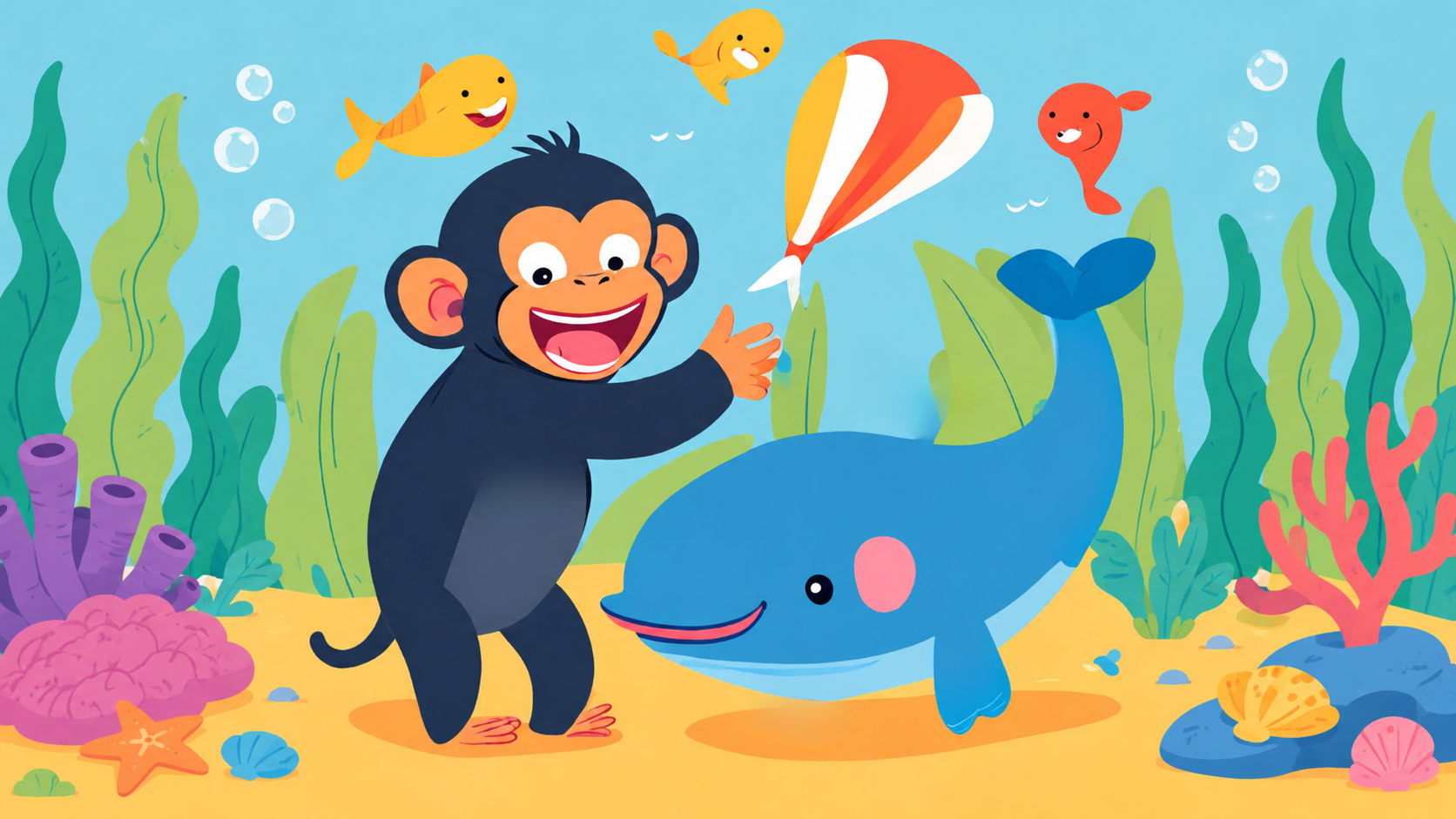 Un monito y una ballena juegan felices en el fondo del mar, rodeados de peces de colores, burbujas, y coloridas plantas marinas.